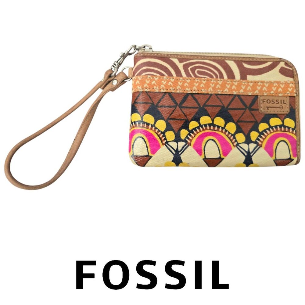 Fossil Key-Per Coated Canvas Wristlet Wallet Multicolor Tribal Geometric